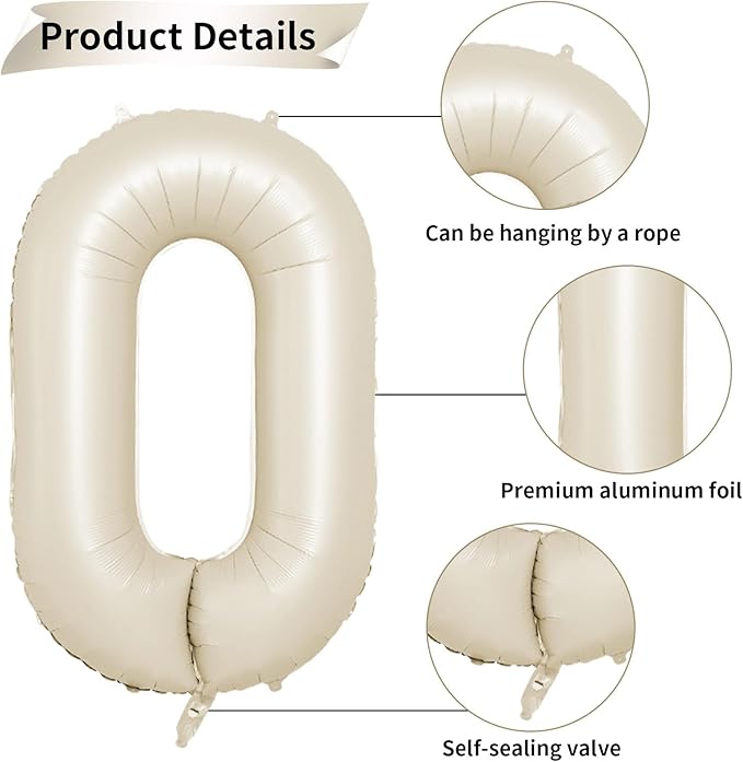 Biapian 40 Inch Cream Number 40 Balloon, 40th Birthday Balloons, Big Digital 40 Beige White Giant 40 Foil Balloon Helium for Men Women 40th Birthday Decorations Anniversary Baby Shower Party Supplies