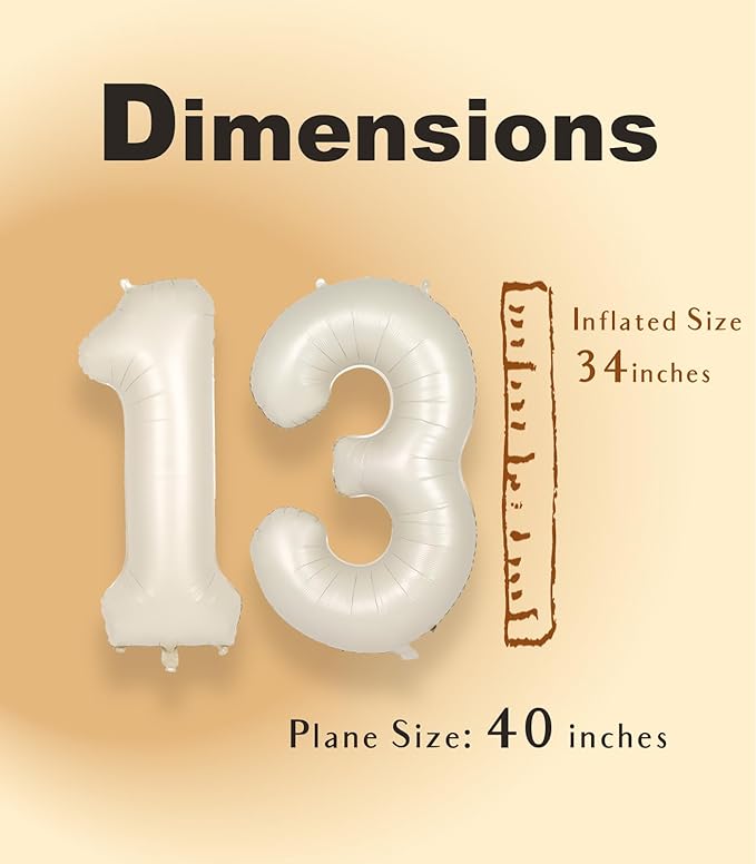 SUWEN 40 Inch Cream White Large 13 Number Balloons Big Foil Helium Number Balloons 0-9 Jumbo Happy 13th Mylar Birthday Party Decorations for Boy or Girl 31 Anniversary Party Supplies