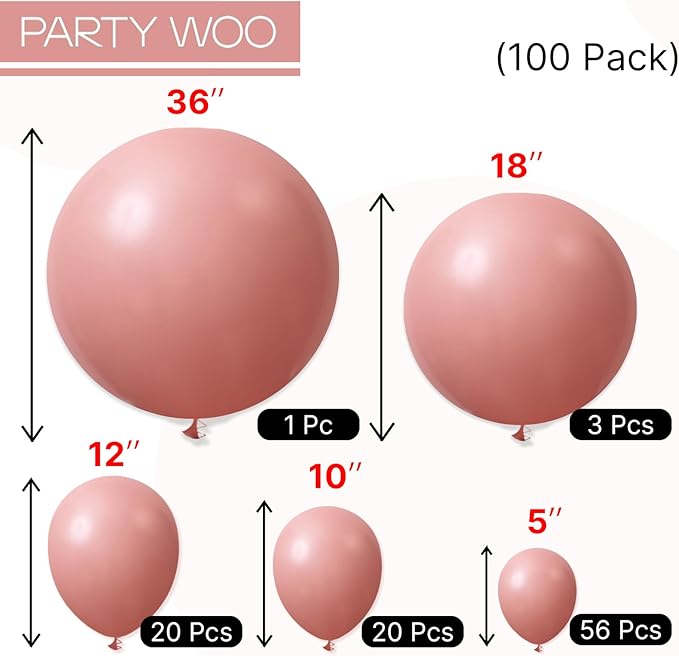 PartyWoo Dusty Pink Balloons 100 pcs Different Sizes of 36 18 12 10 5 Inch Blush Pink Dusty Rose Balloon Arch Kit Garland for Baby Shower Boho Theme Princess Birthday Party Decorations Pink-F01