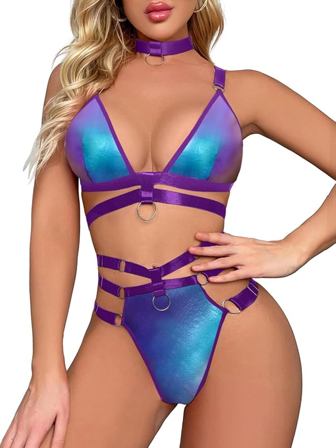 Lilosy Sexy Wireless Choker O Ring Linked Strappy Harness Lingerie Set Outfits 3 Piece