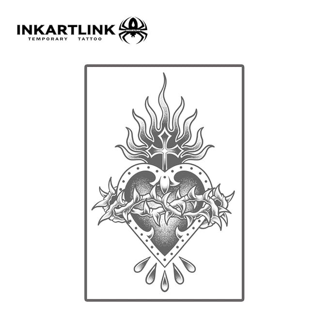 INKARTLINK Tattoo Tech, 2 Sheets Medium Semi Permanent Tattoo, Adult Art Design Temporary Tattoos, Lasts 1-2 Weeks, Waterproof, Realistic Look, No Reflection (Thorned Sacred Heart)