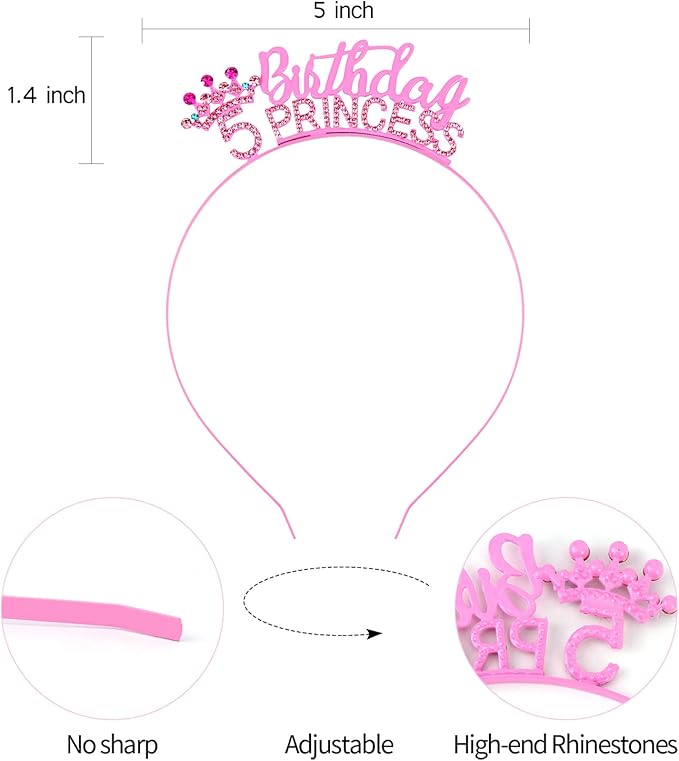VELSCRUN 2nd 3rd 4-9th Birthday Princess Headband Pink Tiara Crown for Girls It's My Birthday Sash Party Decorations Gifts