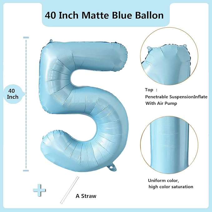 40 Inch Matte Blue 5 Number Balloons Light Blue Number 5 Foil Balloon Mylar Helium Balloon for Birthday Party Decoration Wedding Anniversary Supplies (Number 5)