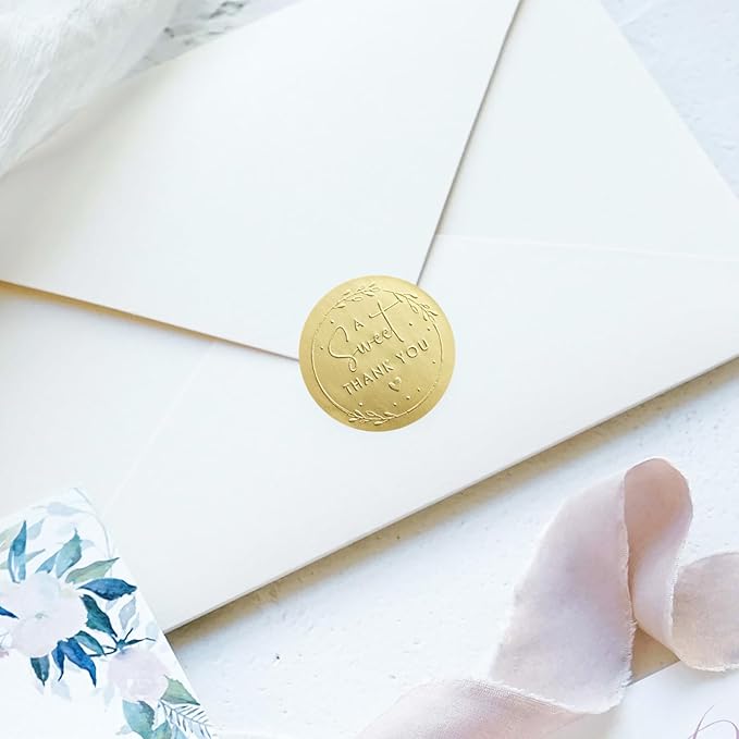 100 x A Sweet Thank You Stickers – Embossed Gold Matte Labels – Round Wedding Favor Stickers for Dessert, Candy & Snack Bags – Elegant Party Favor Seals, 1.6 Inch