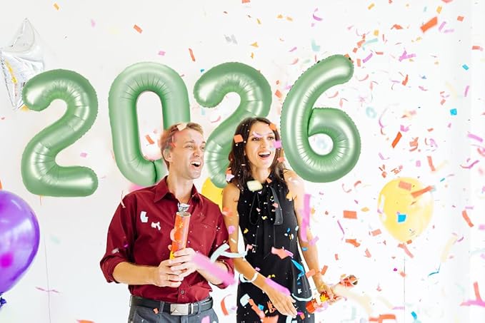 2026 Balloon Numbers - 40 Inch Sage Green New Years Eve Party Supplies 2026, Nye Decor Party Decorations Happy New Year, New Years Eve Foil Party Balloons