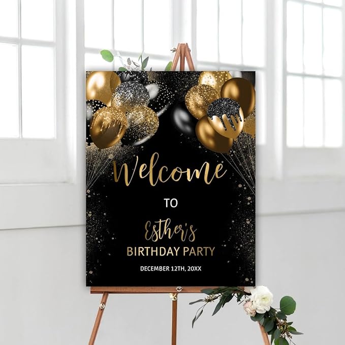 Birthday Welcome Sign, Black and Gold Glitter Balloons Birthday Party, Welcome Sign Template, customized birthday yard signs, birthday decorations, birthday Sign