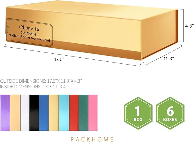 PACKHOME 6 Extra Large Christmas Gift Boxes 17.5x11.3x4.3 Inches, Sturdy Shirt Boxes with Magnetic Lids for Clothes and Large Xmas Gifts (Glossy Gold)