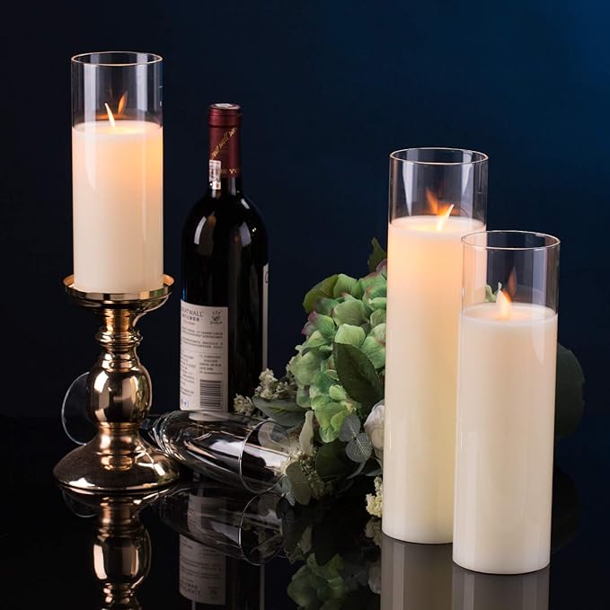 Pack of 3 Flameless Candles Battery Operated Real Wax Glass Flickering LED Candle Sets with Remote Control Cycling 24 Hours Timer (3" x 8" 10" 12")
