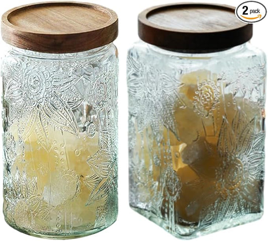 ANSQU Vintage Glass Storage Jar, Glass Canister Storage Jar Container with Airtight Wooden Lid for Kitchen Counter, Pantry, Coffee, Tea, Sugar, Cookie Jars (Round&Square-Sunflower)