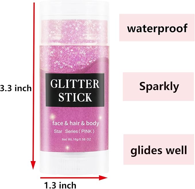 MEICOLY Pink Body Glitter Stick,Pink Face Glitter Sparkly Hair Glitter,Pink Accessories for Spirit Week,Singer Concerts Lover Heart Glitter Makeup,Mermaid Glitter Face Paint,Waterproof
