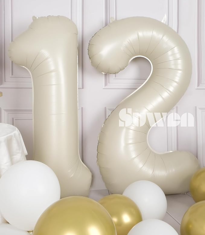SUWEN 40 Inch Cream White Large 12 Number Balloons Big Foil Helium Number Balloons 0-9 Jumbo Happy 12th Mylar Birthday Party Decorations for Boy or Girl 21 Anniversary Party Supplies