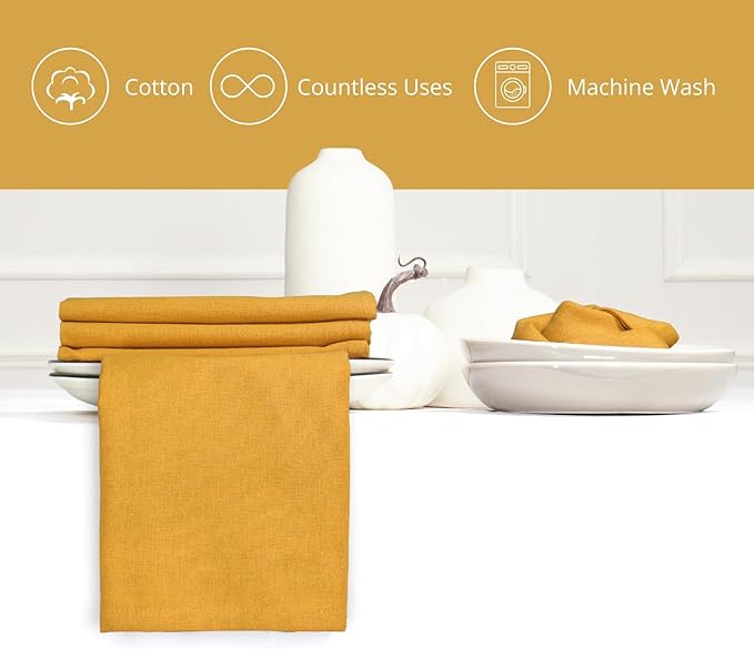 PurpleEssences Set of 6 Cloth Dinner Napkins 100% Cotton 18x18 Inch - Soft Durable Washable - Ideal for Farmhouse Party Christmas Holiday Winter - Perfect Everyday Use Table Linen - Golden Yellow