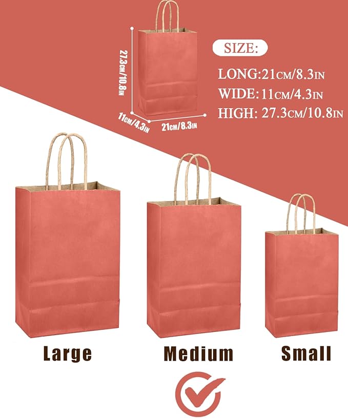 qiqee Rose Red Gift Bag with Handles Bulk 24Pcs Paper Bags -10.6"x8.3"x4.3"Party Favor Bags - Solid Color