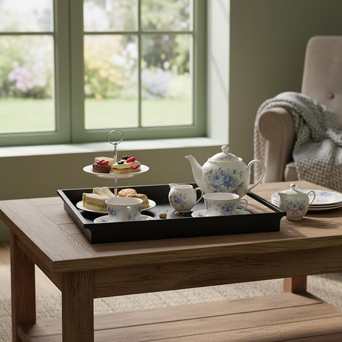 MyGift Decorative Serving Tray - Vintage Style Matte Black Metal Ottoman Coffee Table/Vanity Tray with Sleek Rounded Cutout Handles