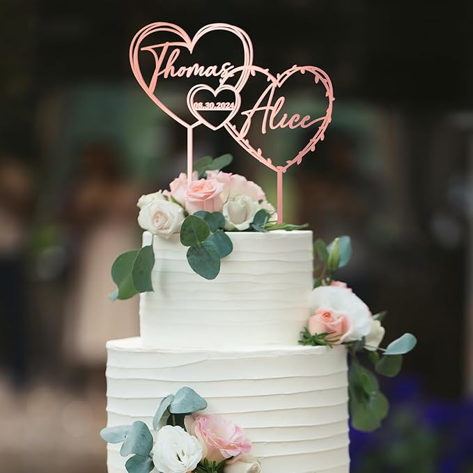 Personalized Hearts Wedding Cake Topper in Acrylic Custom Bride Groom Names and Wedding Date Cake Decoration