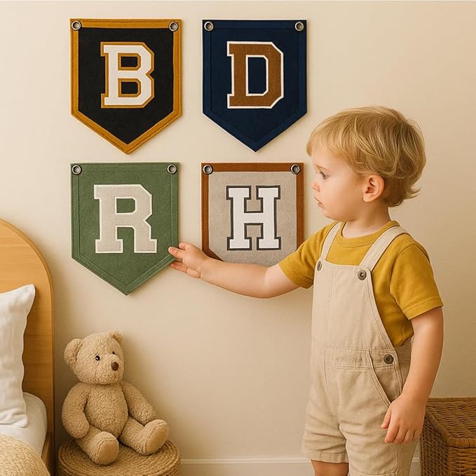 Personalized Name Pennant Flag, Handmade Custom Initial Felt Nursery Pennant for Boy Girl, Baby Name Banner Flag Wall Hanging for Toddler Bedroom Dorm Baby Shower Kids Room
