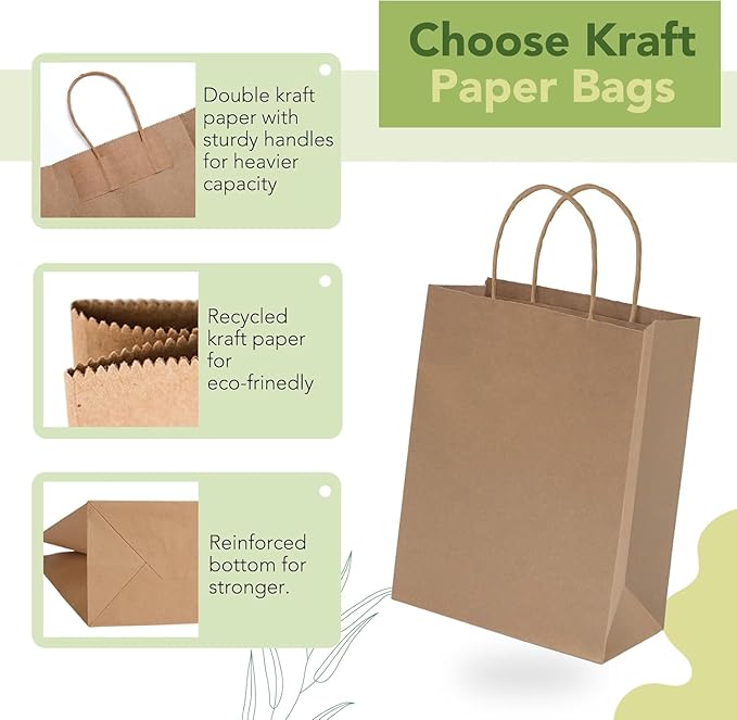 MESHA Gift Paper Bags 200 PACK 8x4.25x10.5'' Brown Medium Shopping Kraft Bags Bulk with Handles Reusable for Business,Grocery,Birthday,Wedding,Kids Party,Favors