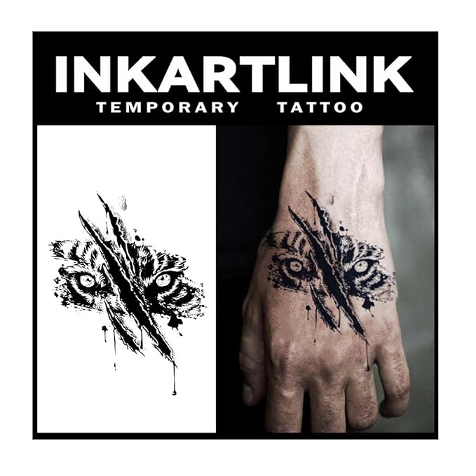 INKARTLINK Tattoo Tech, 2 Sheets Large Semi Permanent Tattoo, Adult Art Design Temporary Tattoos, Lasts 1-2 Weeks, Waterproof, Realistic Look, No Adhesive, No Reflection (Brutal Tiger Design)