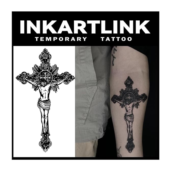 INKARTLINK Tattoo Tech,2 Sheets Extra-Large Semi Permanent Tattoo, Adult Art Design Temporary Tattoos, Lasts 1-2 Weeks, Waterproof, Realistic look, No Adhesive, No reflection (Christian Cross Design?