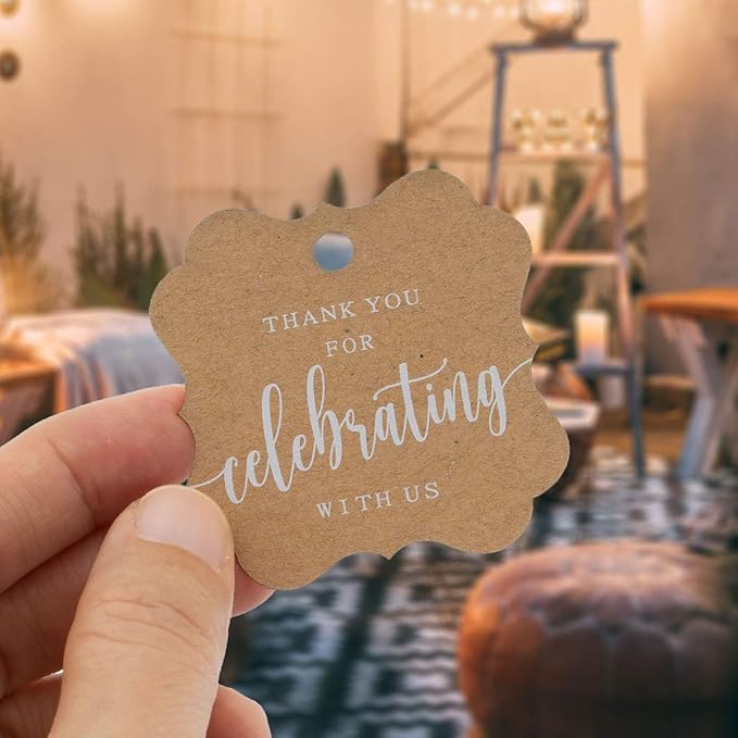 Summer-Ray 50pcs Elegant Square Thank You for Celebrating with Us Favor Tags Wedding Gift Tags (Kraft)