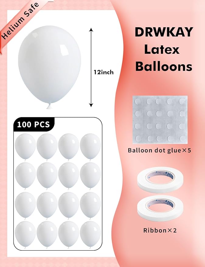 White Balloons 100 Pack, 12 Inch Matte White Latex Helium Garland for Weddings Birthdays Baby Showers Graduations Elegant Arch Party Decorations