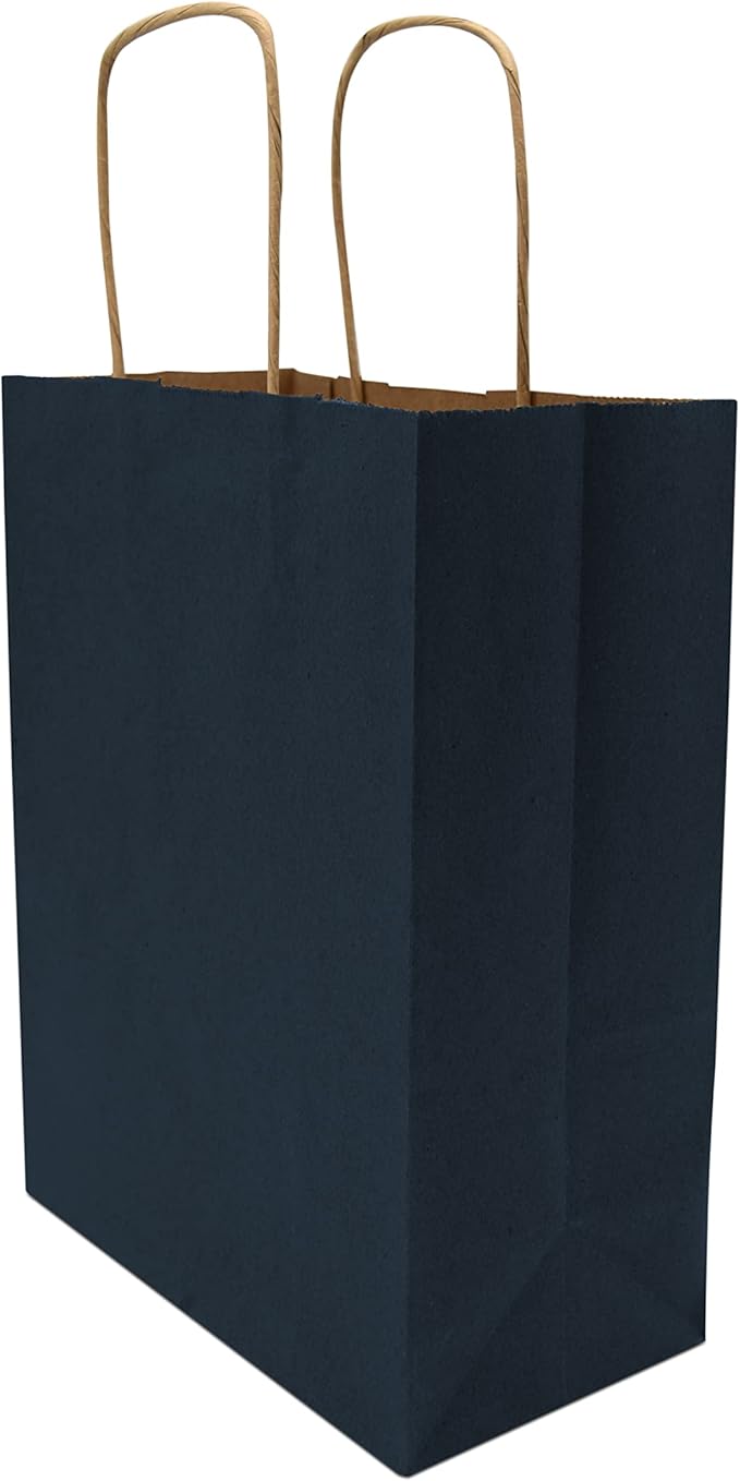 Prime Line Packaging Paper Gift Bags, Navy Blue Gift Bags, Small with Handles, Shopping Bags for Business, Goodies, Party Favor, Welcome, Graduation, Bulk, 8x4x10, 50 Pack