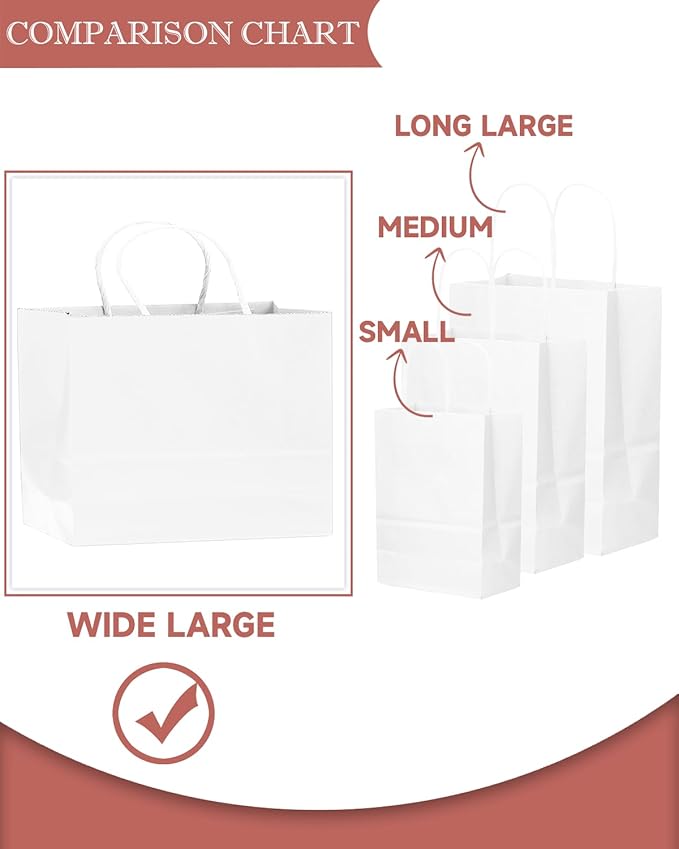qiqee 30-Packs White Gift Bags with Handles Bulk 13"x4.5"x10" Wide Large Size Party Paper Bags