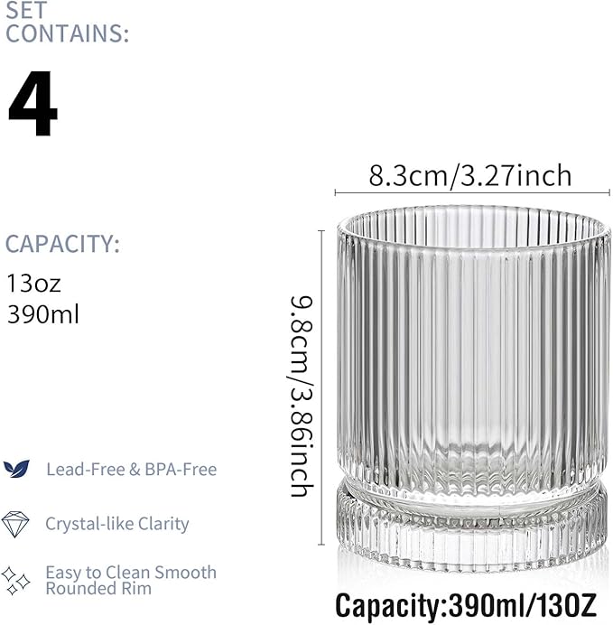 Ribbed Glass Cups Set, 390ml Vintage Drinking Glassware Set of 4, Cocktail Glasses, Low Ball Ribbed Glassware, Mixed Glassware Set, Premium Whiskey Glasses, Ideal for House of Glass