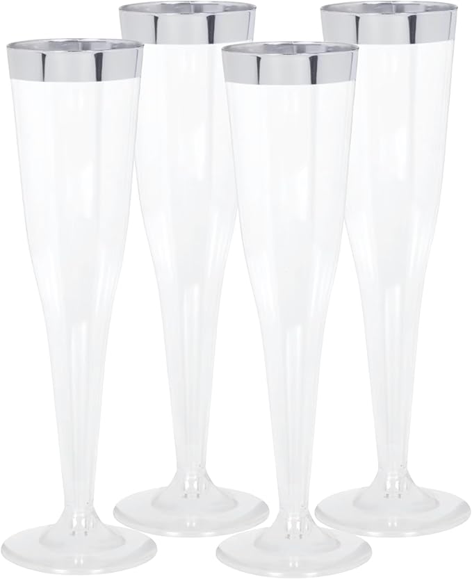 Oojami 100 Plastic Classic Champagne Disposable Flutes for Parties Plastic cups Wedding Party Toasting Cocktail Cups Bulk Party Pack (Silver Rim)