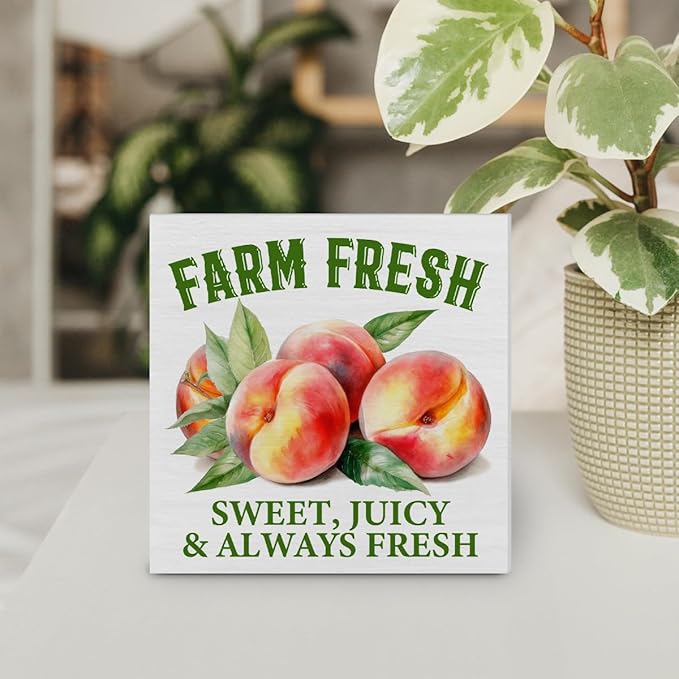 Peach Decor Farmhouse Summer Wood Block Sign Summer Decorations for Home Desk Table Shelf 5 x 5 Inches