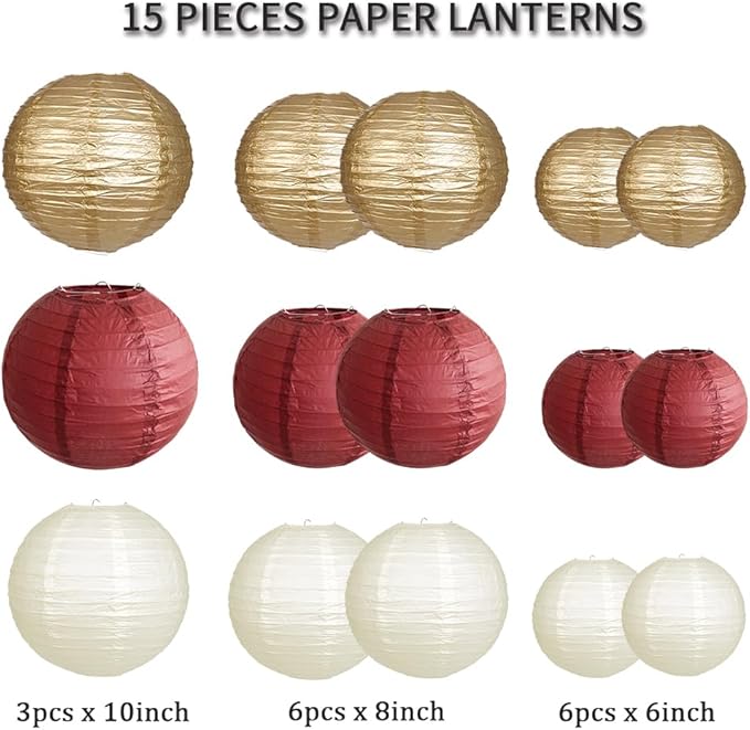 Paper Lanterns Party Decorations, Round Hanging Paper Lanterns Decorations for Graduation Bachelorette Wedding Birthday Party Supplies Maroon/Gold/Ivory 15pcs