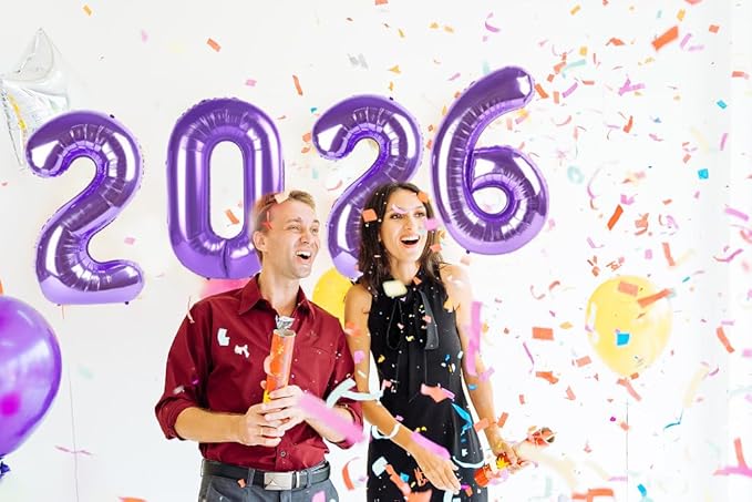 2026 Balloon Numbers - 40 Inch Purple New Years Eve Party Supplies 2026, Nye Decor Party Decorations Happy New Year, New Years Eve Foil Party Balloons