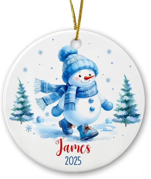Personalized Snowman Ornament for Christmas Tree - Blue Ceramic Xmas Gift for Dad Mom Kids, Customized Merry Christmas Ornament With Custom Name & Year - Xmas 2025