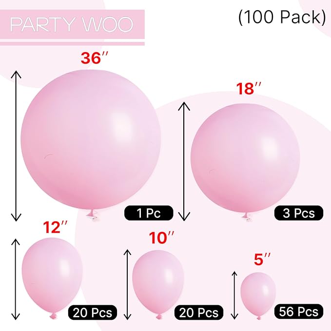 PartyWoo Pink Balloons 100 pcs Light Pink Balloons Different Sizes Pack of 36 18 12 10 5 Inch Pastel Pink Balloon Arch Kit Baby Pink Balloon Garland for Baby Shower Birthday Party Decorations Pink-Q05