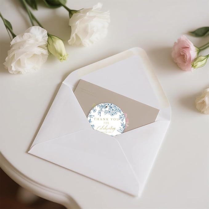 50PCS Thank You Gift Tags, 2x2 inch Blue Floral Personalized Gift Tags with String for Wedding Birthdays Party Favors Baby Shower Bridal Shower