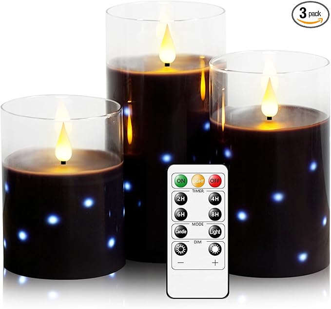 Real Wax Flameless Candles Glass,Battery Operated LED Candles with Flickering Flame,Glass Shell,Interior Star Light Decoration Set of 3 Black (D3×H 4" 5" 6") for Home Decor,Holiday Decoration