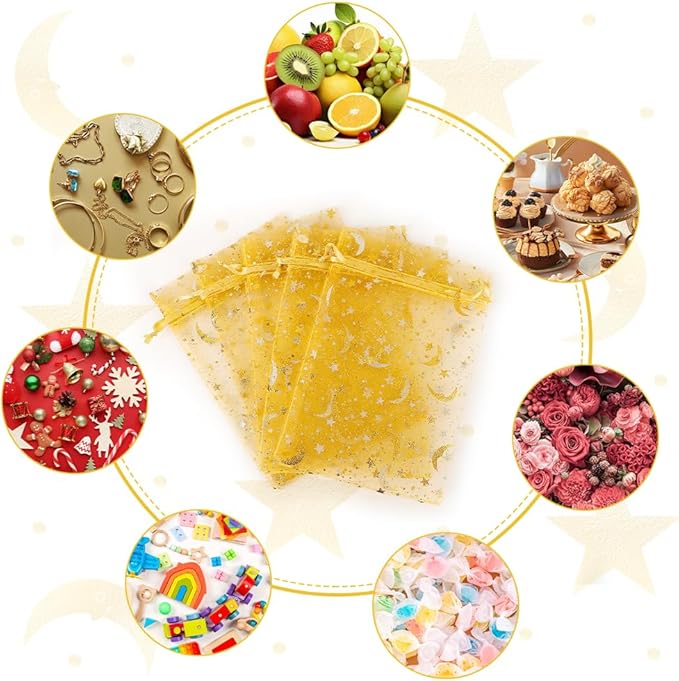 Moon Star Organza Bags 4x6 Small Mesh Bag Drawstring 50 Pcs Mesh Gift Bags Drawstring Pouch Wedding Favor Bags Jewelry Pouches Bulk Gift Pouch for Candy Soaps Birthday Festival Party Supplies, Gold