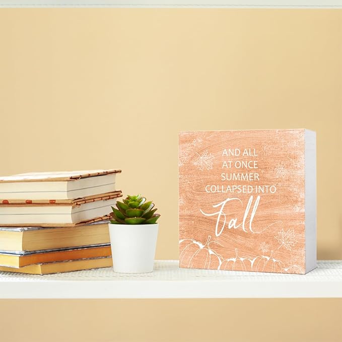 Funny Autumn Wood Box Sign Into Fall Wooden Block Desk Decor for Home Office Kitchen Cubicle Table Shelf Tabletop,Farmhouse Fall Sign Decor