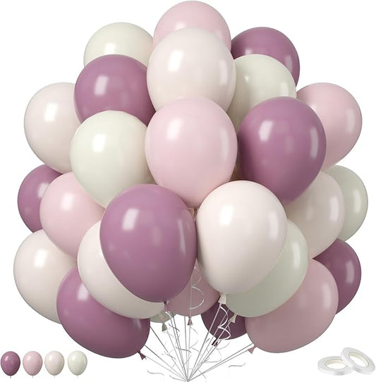 Pink and Purple Balloons, 50PCS 12Inch Dusty Purple Lavender Pastel Macaron Pink Sand White Balloon Boho Balloon for Girls Birthday Baby Shower Wedding Boho Bridal Shower Decorations