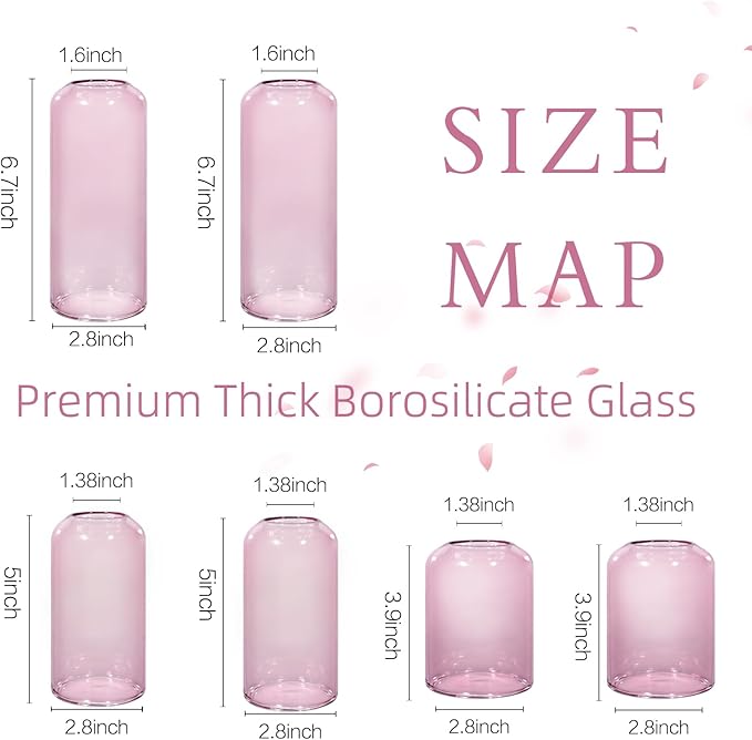 ZENS Bud Vases Set of 6, Pink Clear Small Glass Vase for Flowers. Modern Hand Blown Cylinder Glass Vase for Wedding Reception Centerpieces Living Room Decorative.