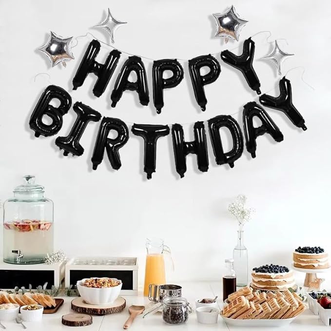 Black Happy Birthday Banner Balloon Aluminum Foil 16 Inch Letter,10 Inch Five Pointed Star Four Pointed Star Suitable for Kids, Men, Women, Boys and Girls Party Decoration Supplies