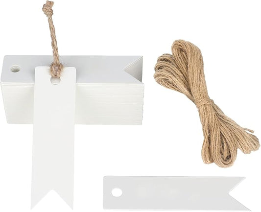 G2PLUS 100PCS Mini White Paper Gift Tags with String, 2.8x0.8 in Blank Paper Present Tag, White Hang Tag with Jute Twine for DIY Arts & Crafts, Businesses, Wedding, Christmas Party Favors