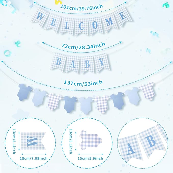 Baby Boy Shower Drcoration - Pre-strung Welcome Baby & Bodysuit Banner - Blue Baby Shower Decor for Boy, Gender Reveal, Photo Prop, Baby Boy Shower Door Sign﻿