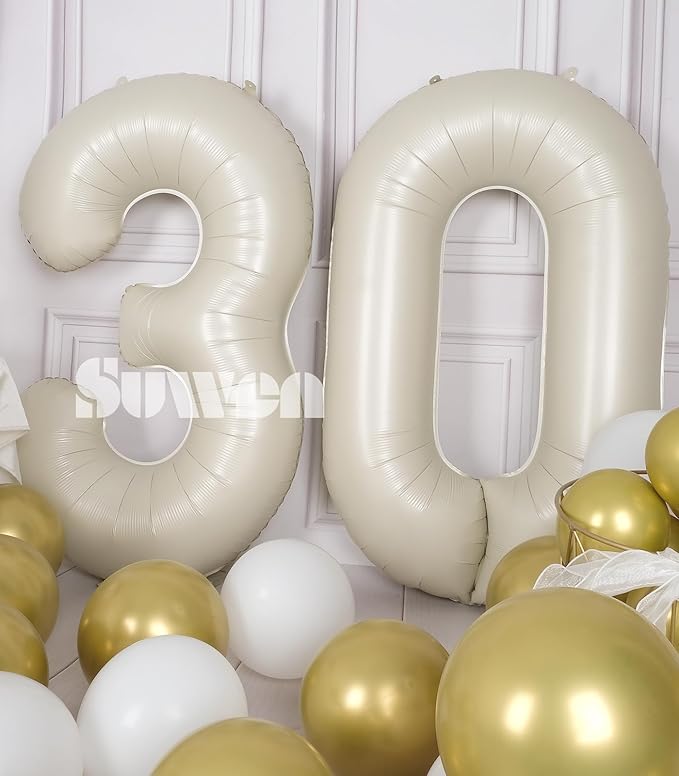 SUWEN 40 Inch Large Cream White 30 Balloon Numbers Big Foil Helium Number Balloons 0-9 Jumbo Happy 30th Mylar Birthday Party Decorations for Women or Men Anniversary Party Supplies