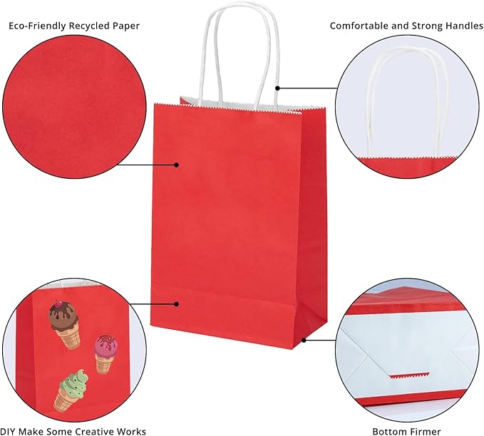 100 Pack 5.9x3.15x8.26 inch Small Gift Bags, Kraft Red Bags with Handles Bulk for Birthday Party Favors,Gift Paper Bags,Retail Shopping Business Goody Craft Gift Bags