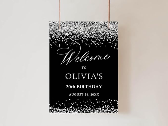 Welcome Sign Birthday Party, Black and Silver Welcome Sign Party, Silver Glitter Birthday Party Sign, Birthday Poster Decoration, welcome sign for birthday parties