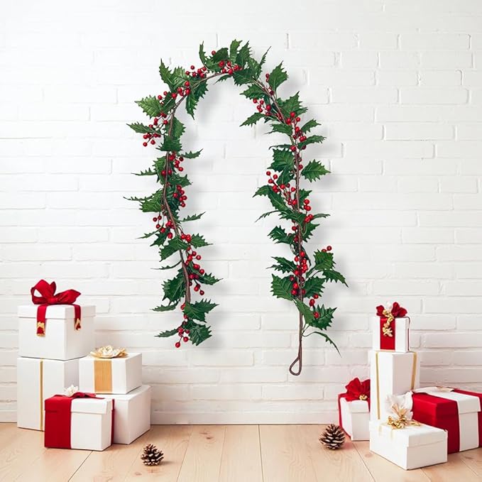 72inch Christams Garland for Front Door,Artificial Green Leaves Paired with Berries for Door Wall Window Fireplace Party Decor