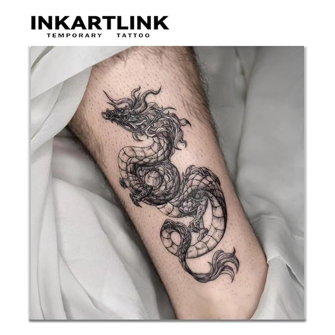 INKARTLINK Tattoo Tech, 2 Sheets Large Semi Permanent Tattoo, Adult Art Design Temporary Tattoos, Lasts 1-2 Weeks, Waterproof, Realistic Look, No Adhesive, No Reflection (Dark Chinese Dragon Design)