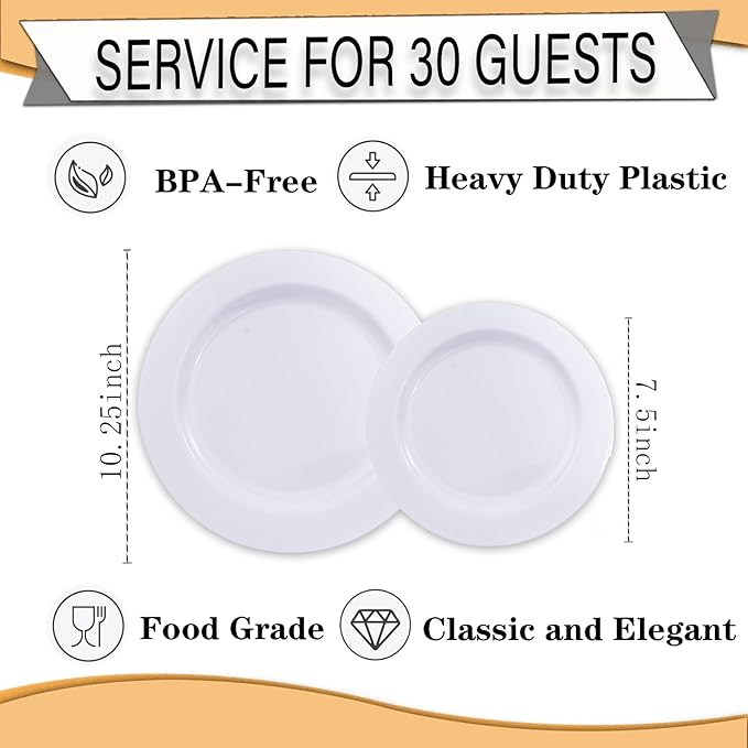 FLOWERCAT 60PCS White Plastic Plates - Heavy Duty White Disposable Plates for Christmas/Thanksgiving Party/Wedding -serve for 30 guests Include 30PCS 10.25" & 30PCS 7.5" Plates for Party