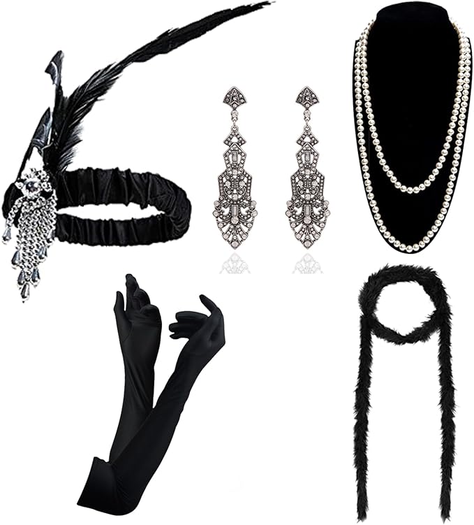 DRESHOW 1920s Great Gatsby Accessories for Women Flapper Headpiece Headband Gloves Costume Harlem Nights Accessories Set